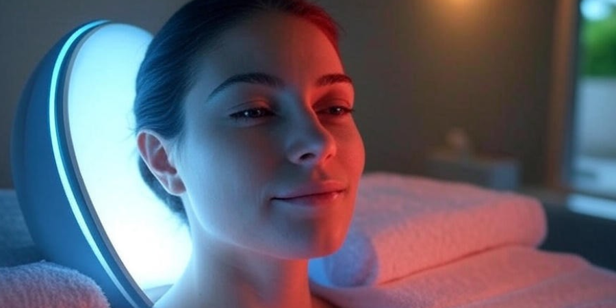 A spa device emitting blue and red light on a woman’s face, highlighting skin therapy contrast