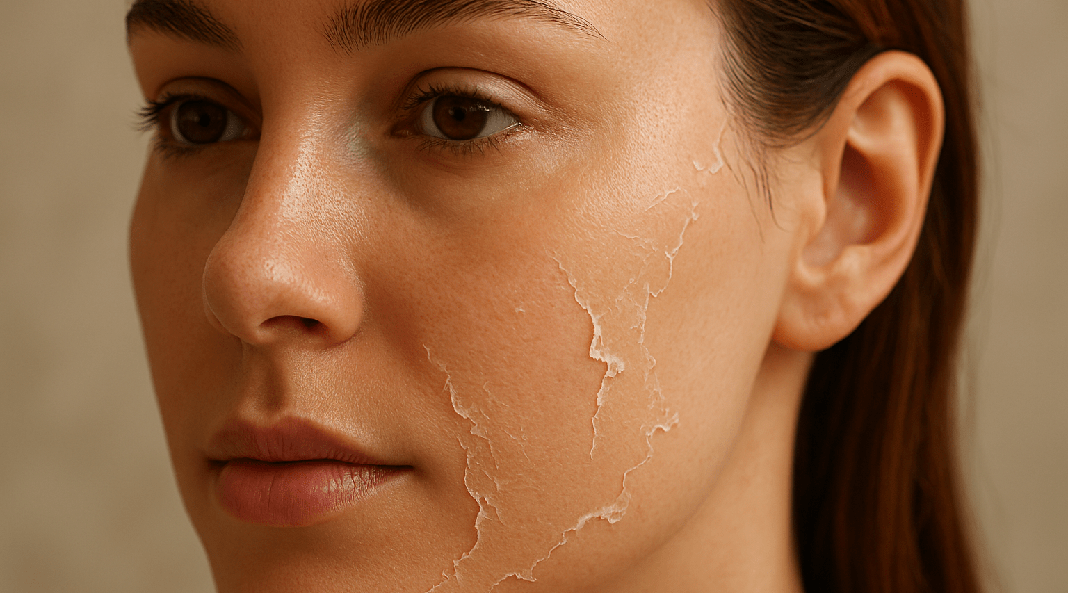 Close-up of facial skin peeling after Cosmelan treatment