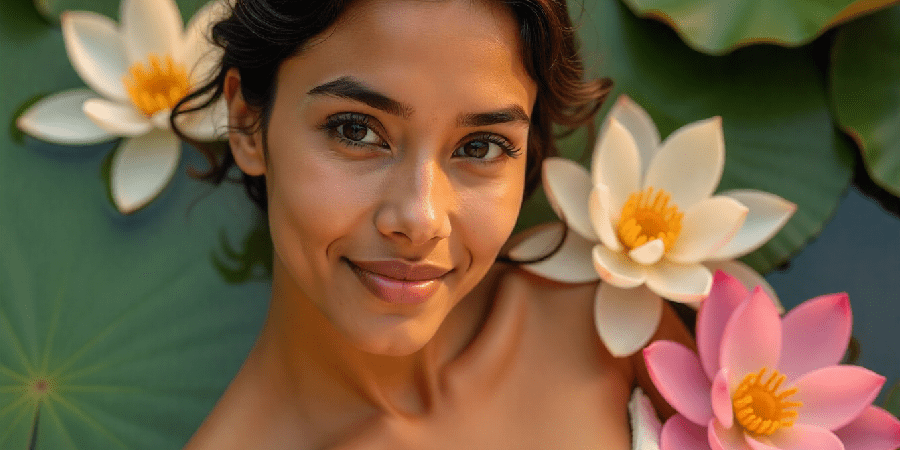 Close-up of glowing skin with botanical spa elements