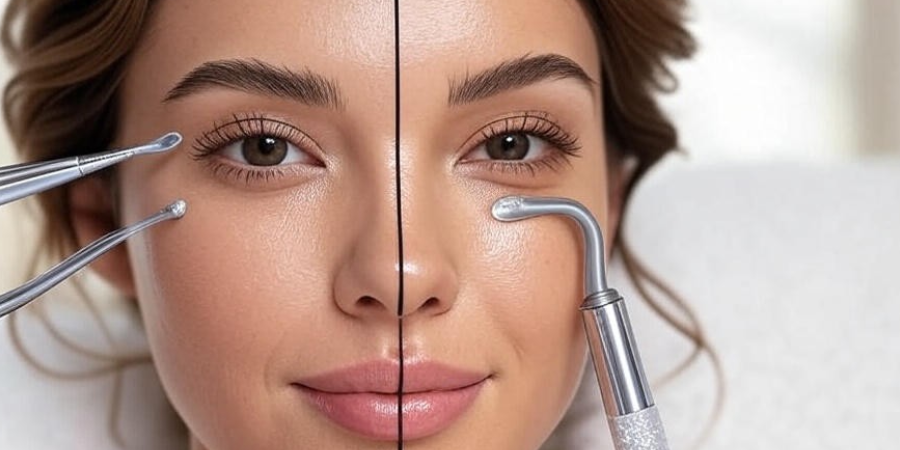 Face with microdermabrasion and hydrodermabrasion tools