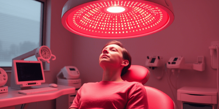 Person receiving red LED light therapy for hair loss in a clinic