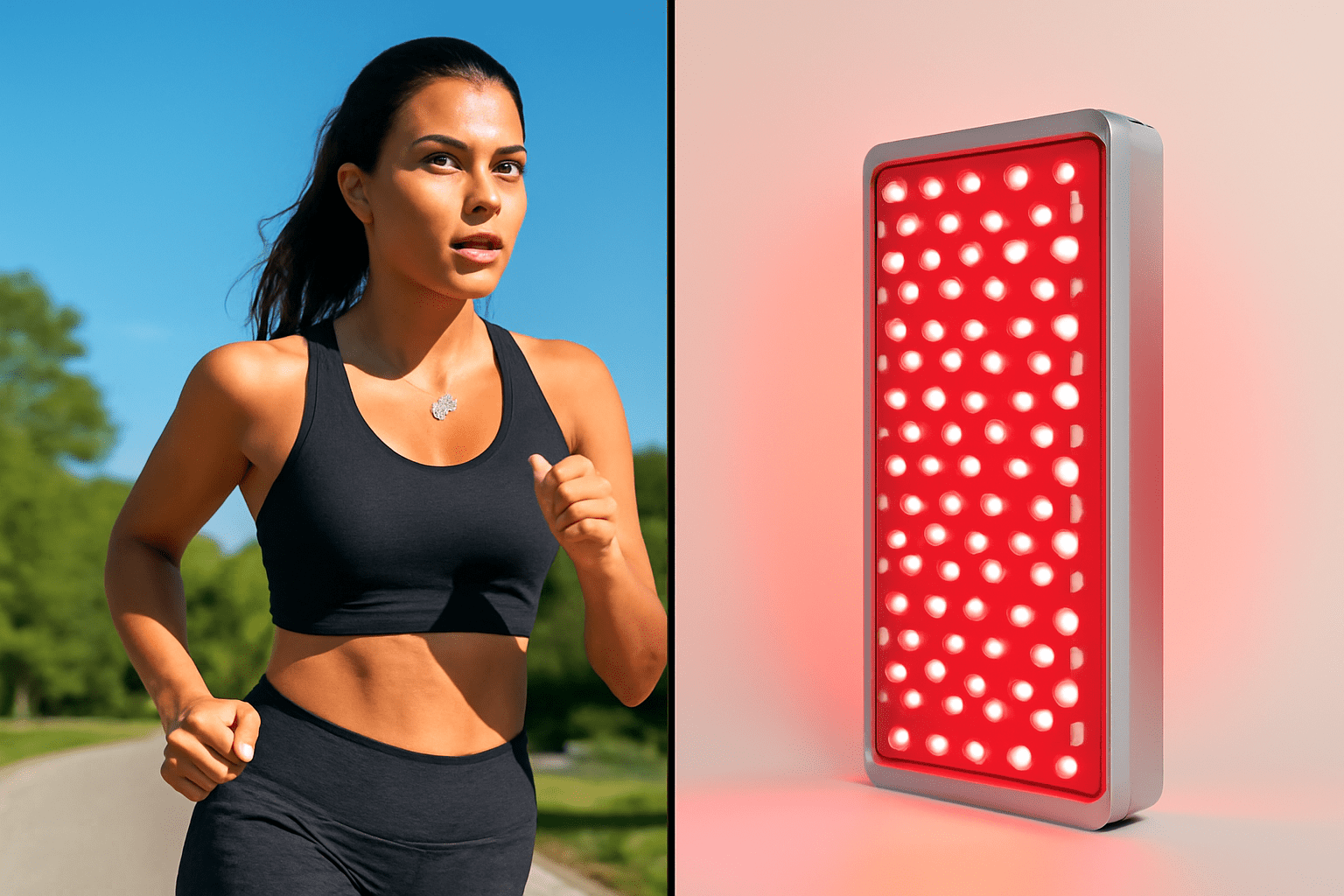 Split image of exercise and red light therapy for weight loss synergy