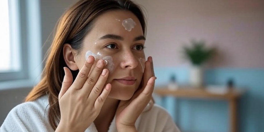 Woman applying gentle moisturizer to peeling skin