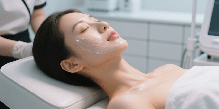Woman receiving Epionce peel treatment at a skincare clinic