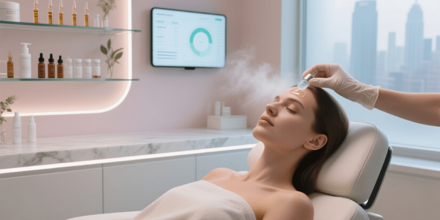 Woman receiving a gentle Epionce chemical peel at a skincare clinic-min