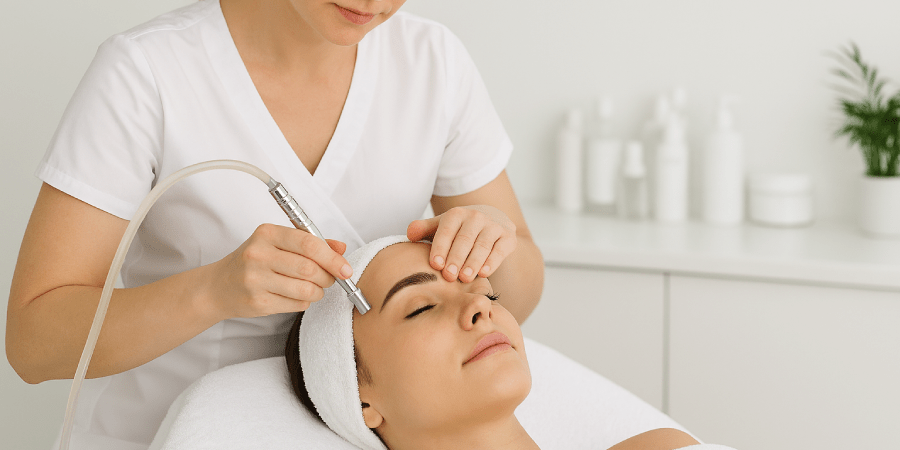 Woman receiving microdermabrasion facial treatment