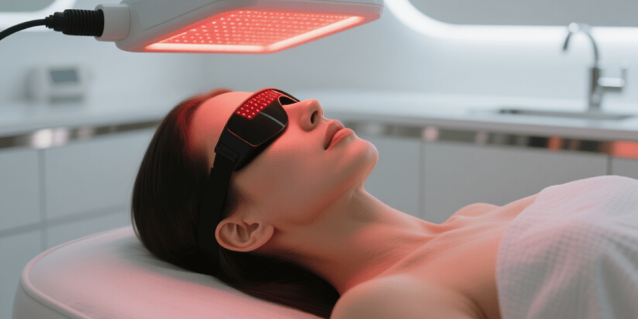 Woman receiving red LED light therapy at a skin clinic