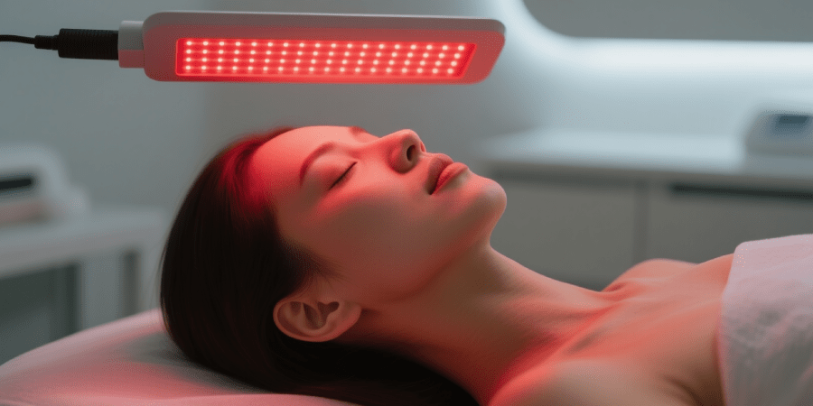 Woman receiving red LED light therapy for anti-aging