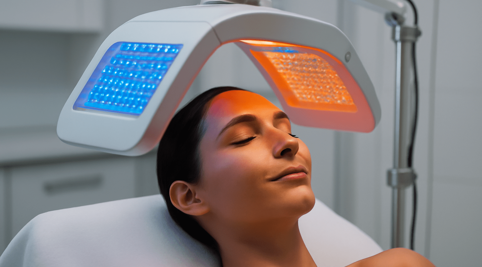 Woman receiving red and blue light therapy treatment