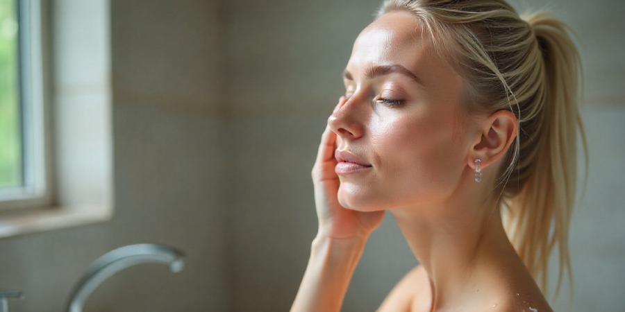 Woman rinsing face after baking soda exfoliation