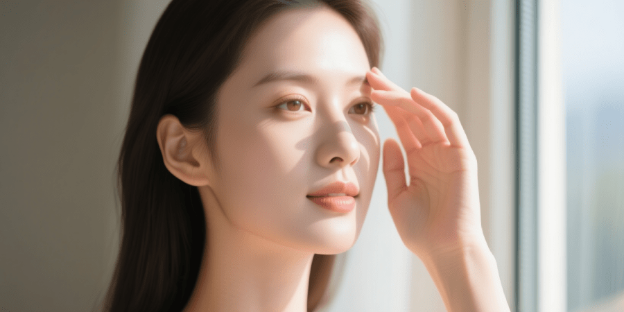 Woman shielding her face from sunlight after LED light therapy