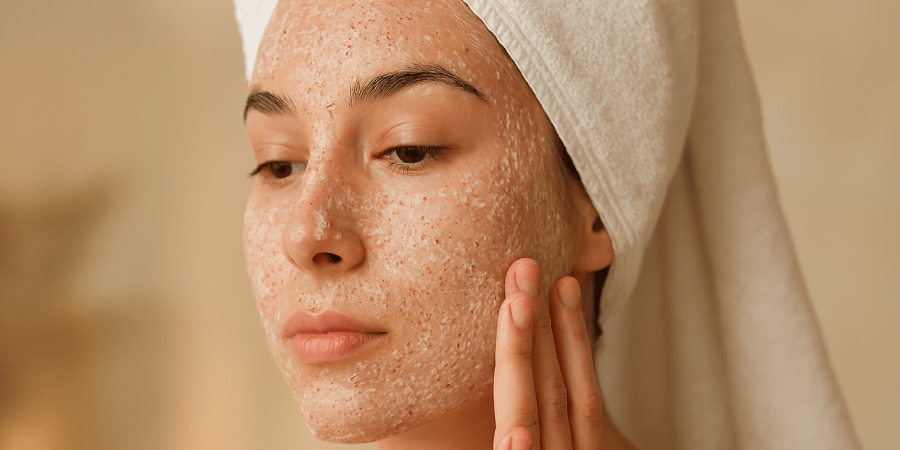 Woman using microdermabrasion scrub at home