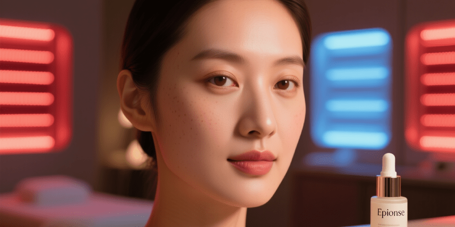 Woman with glowing skin in a spa with LED light panels and Epionce products
