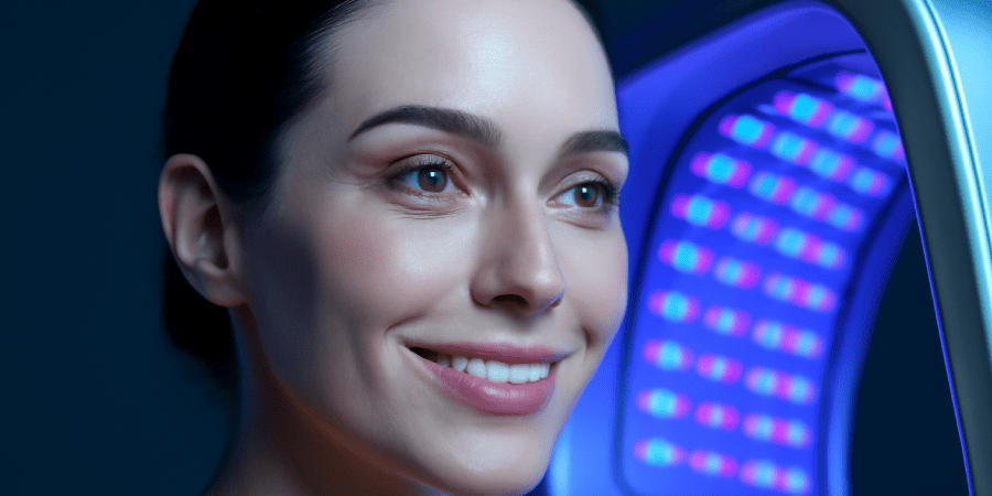 Woman with glowing skin under blue light therapy device